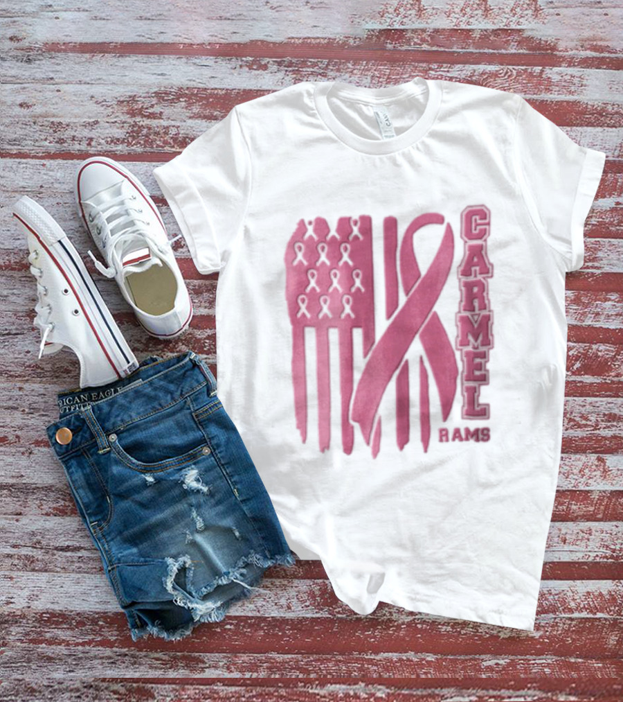 Carmel Rams Pink Ribbon American Flag Breast Cancer Awareness T-Shirt