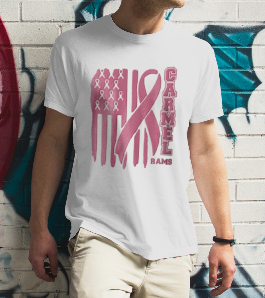 Carmel Rams Pink Ribbon American Flag Breast Cancer Awareness T-Shirt