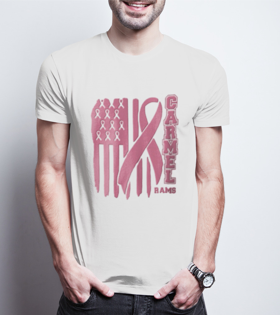 Carmel Rams Pink Ribbon American Flag Breast Cancer Awareness T-Shirt