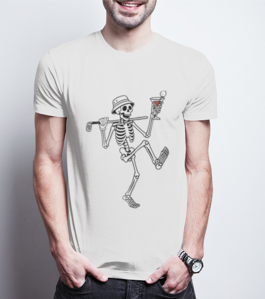 Cartoon Skeleton Line Dance With Bucket Hat Golf Club And Cocktail Glass T-Shirt