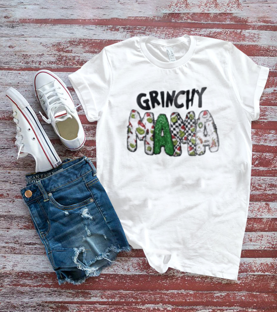 Grinchy Mama Holiday Checkerboard And Santa Hat T-Shirt
