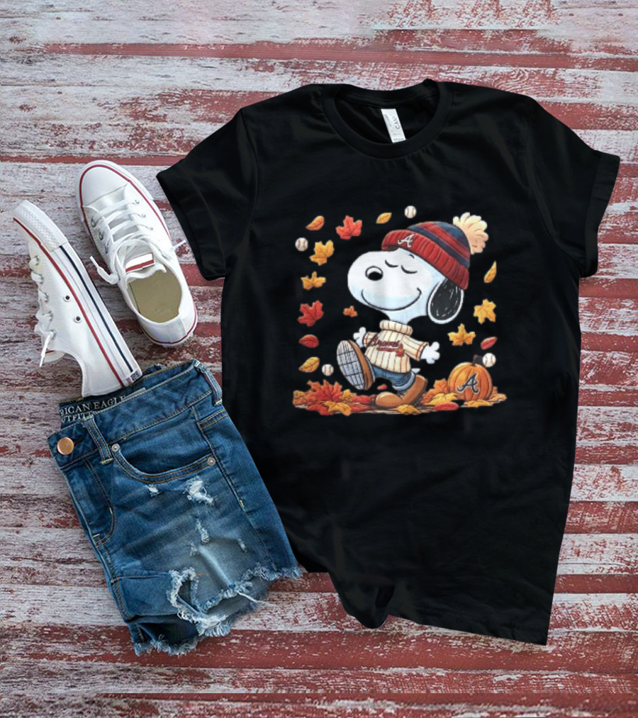 Atlanta Braves Snoopy Walking In Autumn Leaves With Pumpkin Baseballs Cartoon T-Shirt