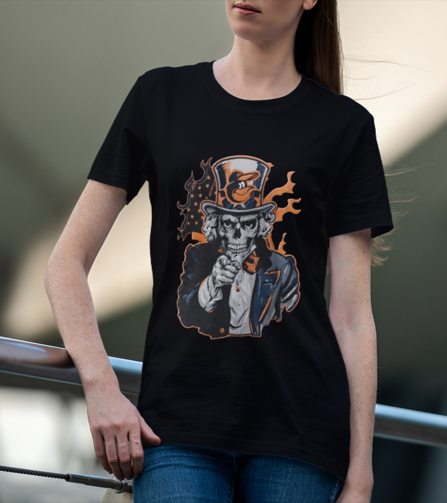 Baltimore Orioles Skeleton Uncle Sam Pointing Flames American Flag Hat T-Shirt