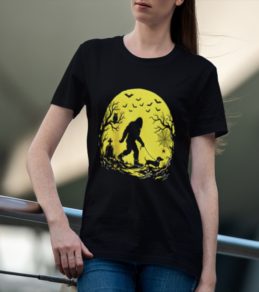 Bigfoot Walking Dachshund Under Full Moon Halloween Night T-Shirt