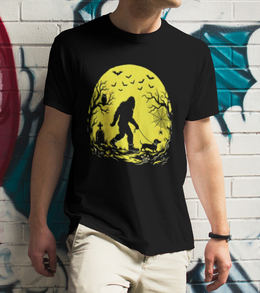 Bigfoot Walking Dachshund Under Full Moon Halloween Night T-Shirt