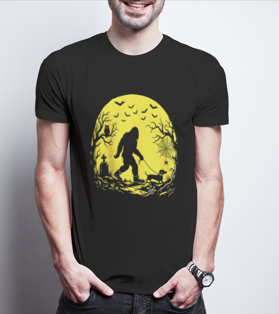 Bigfoot Walking Dachshund Under Full Moon Halloween Night T-Shirt