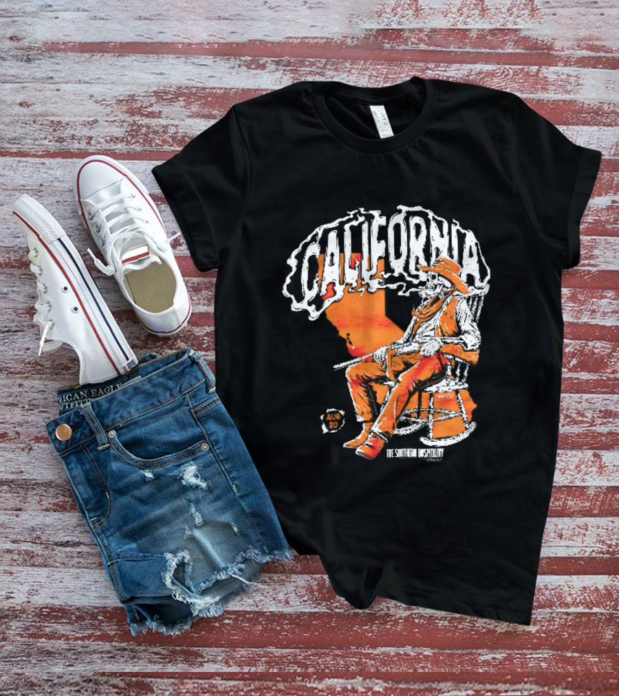 California Skeleton Cowboy Southern Hospitality Tour Aug 20 Rocking Chair Rifle Map T-Shirt
