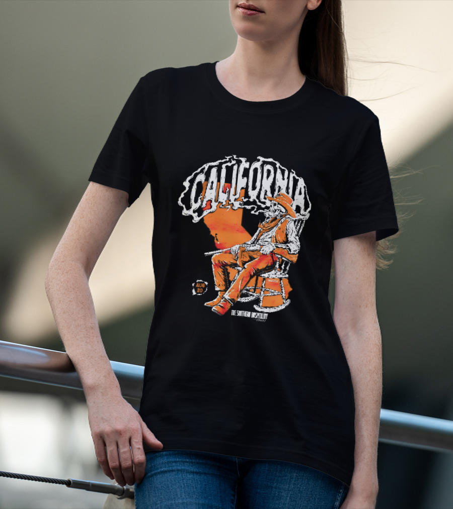 California Skeleton Cowboy Southern Hospitality Tour Aug 20 Rocking Chair Rifle Map T-Shirt