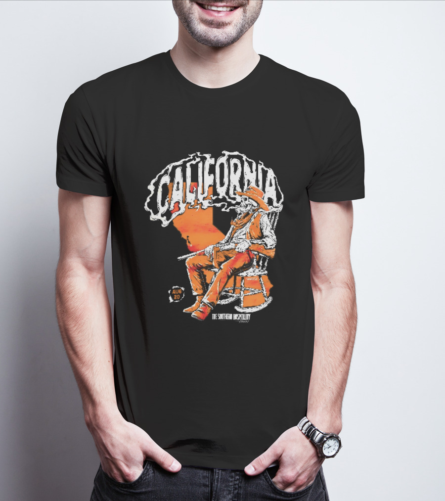 California Skeleton Cowboy Southern Hospitality Tour Aug 20 Rocking Chair Rifle Map T-Shirt
