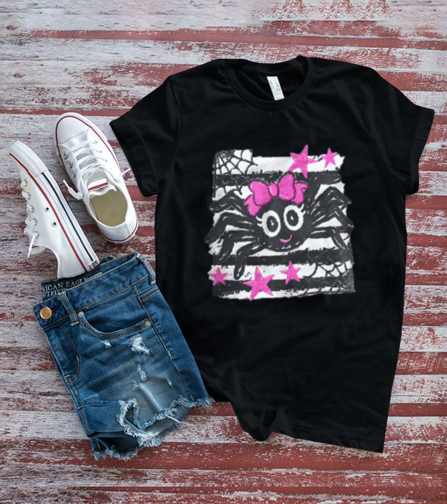 Cartoon Black Spider Big Eyes Pink Bow Stripes Webs Stars T-Shirt