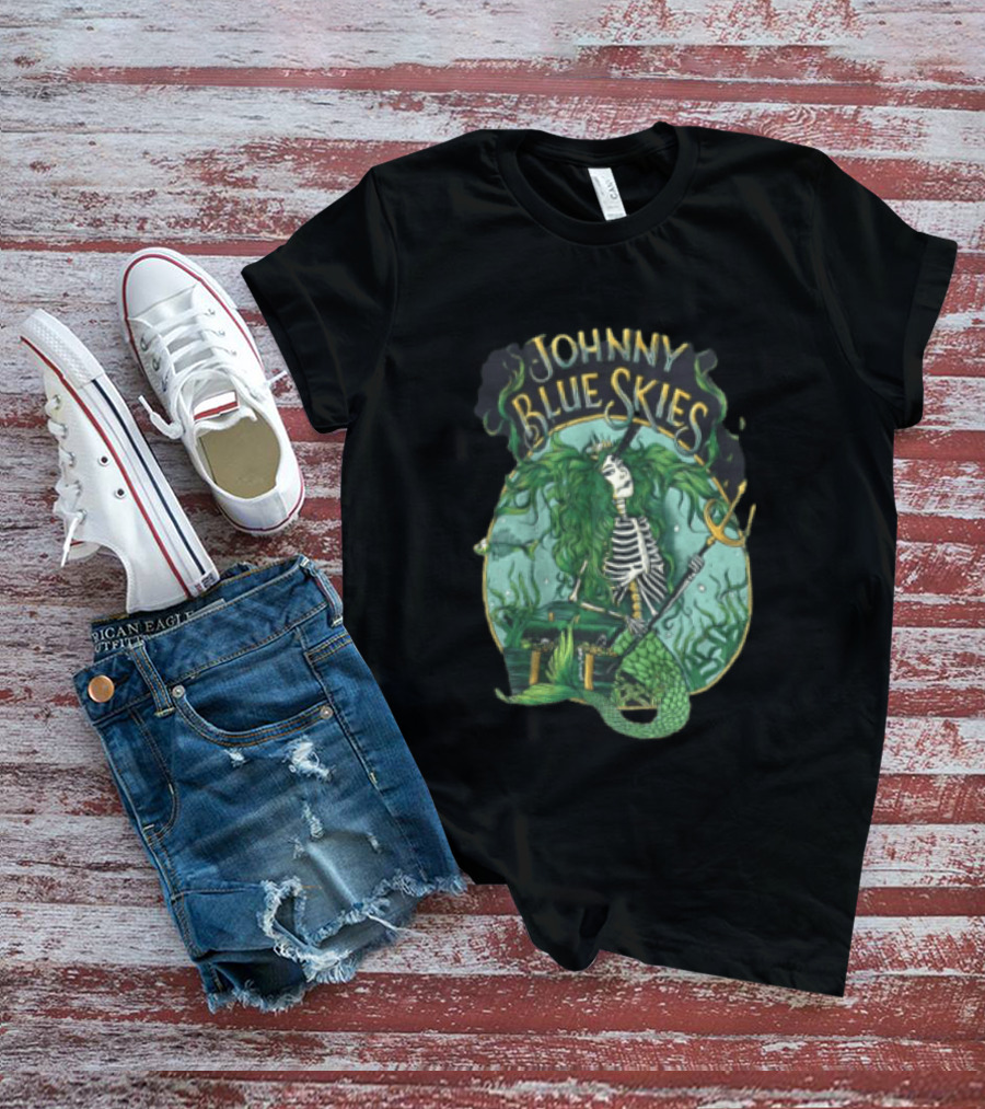 Johnny Blue Skies Skeleton Mermaid Adventure With Trident And Treasure T-Shirt