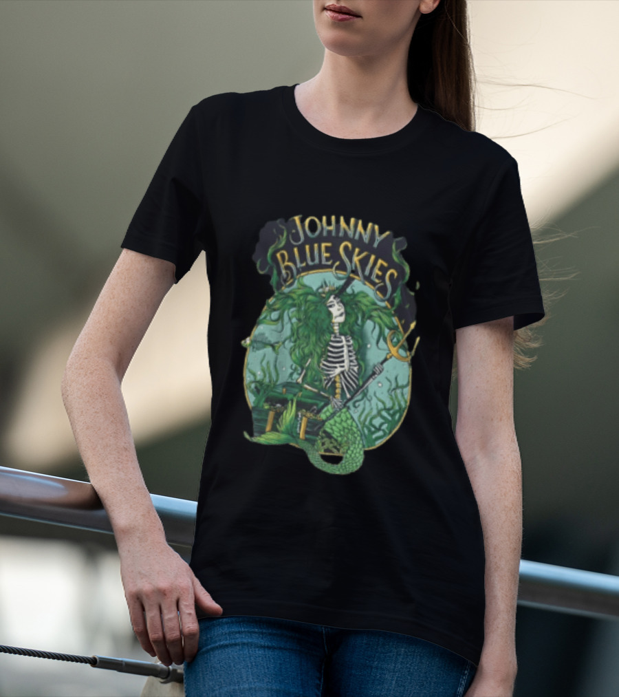 Johnny Blue Skies Skeleton Mermaid Adventure With Trident And Treasure T-Shirt