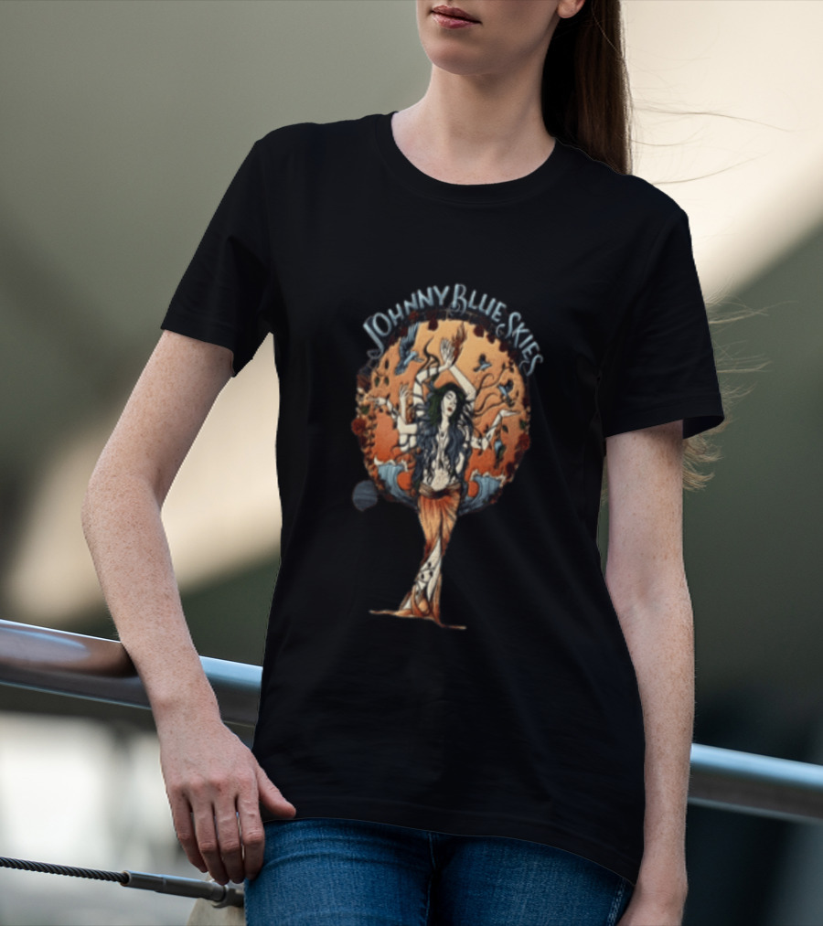 Johnny Blue Skies Ocean Goddess Mythical Woman Surrounded By Birds T-Shirt
