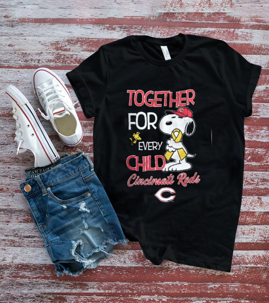 TOGETHER FOR EVERY CHILD Cincinnati Reds Snoopy Woodstock Yellow Ribbon T-Shirt
