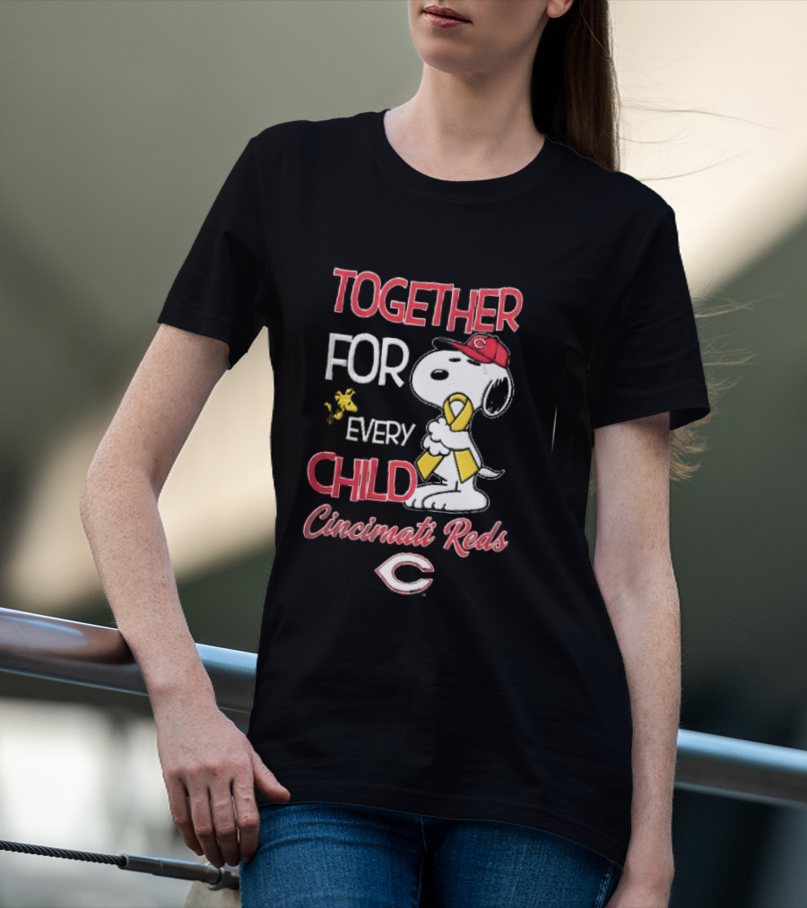 TOGETHER FOR EVERY CHILD Cincinnati Reds Snoopy Woodstock Yellow Ribbon T-Shirt