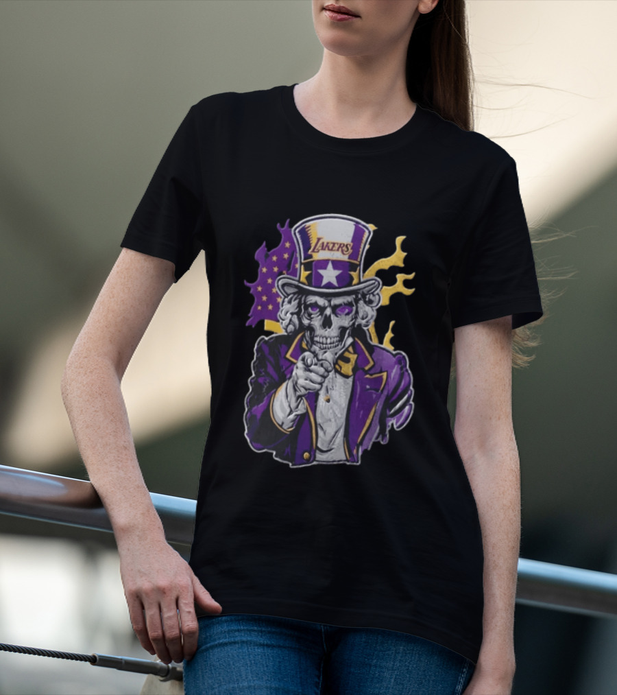 Los Angeles Lakers Skeleton Uncle Sam Purple Flames T-Shirt
