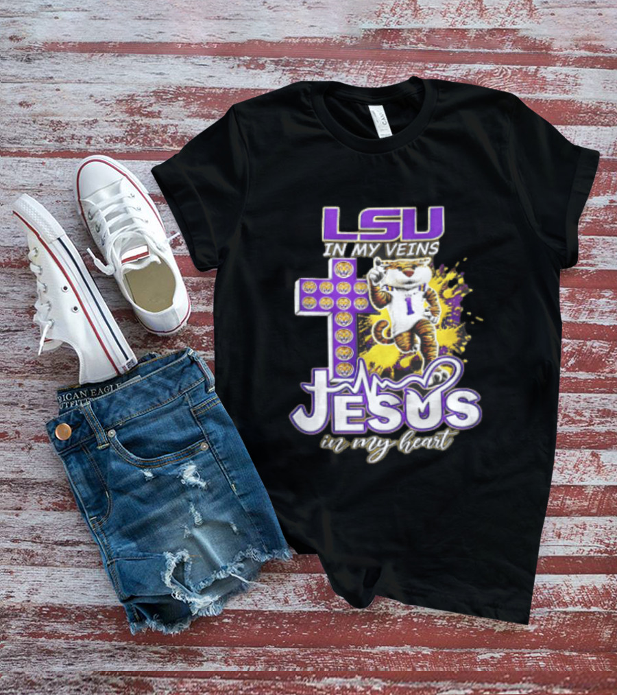 LSU In My Veins Jesus In My Heart Tiger Purple Cross EKG T-Shirt