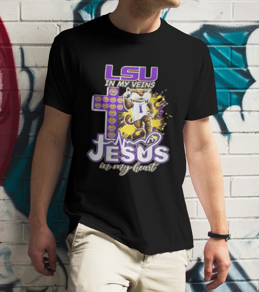 LSU In My Veins Jesus In My Heart Tiger Purple Cross EKG T-Shirt