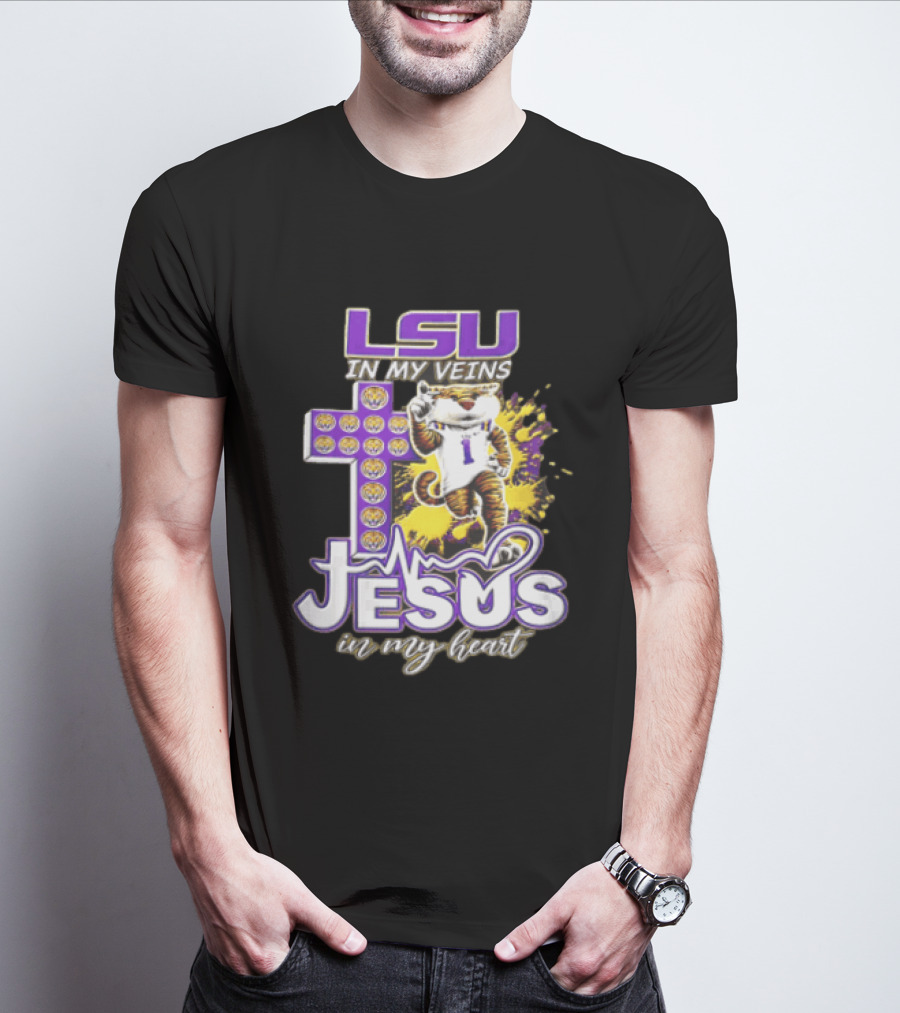 LSU In My Veins Jesus In My Heart Tiger Purple Cross EKG T-Shirt