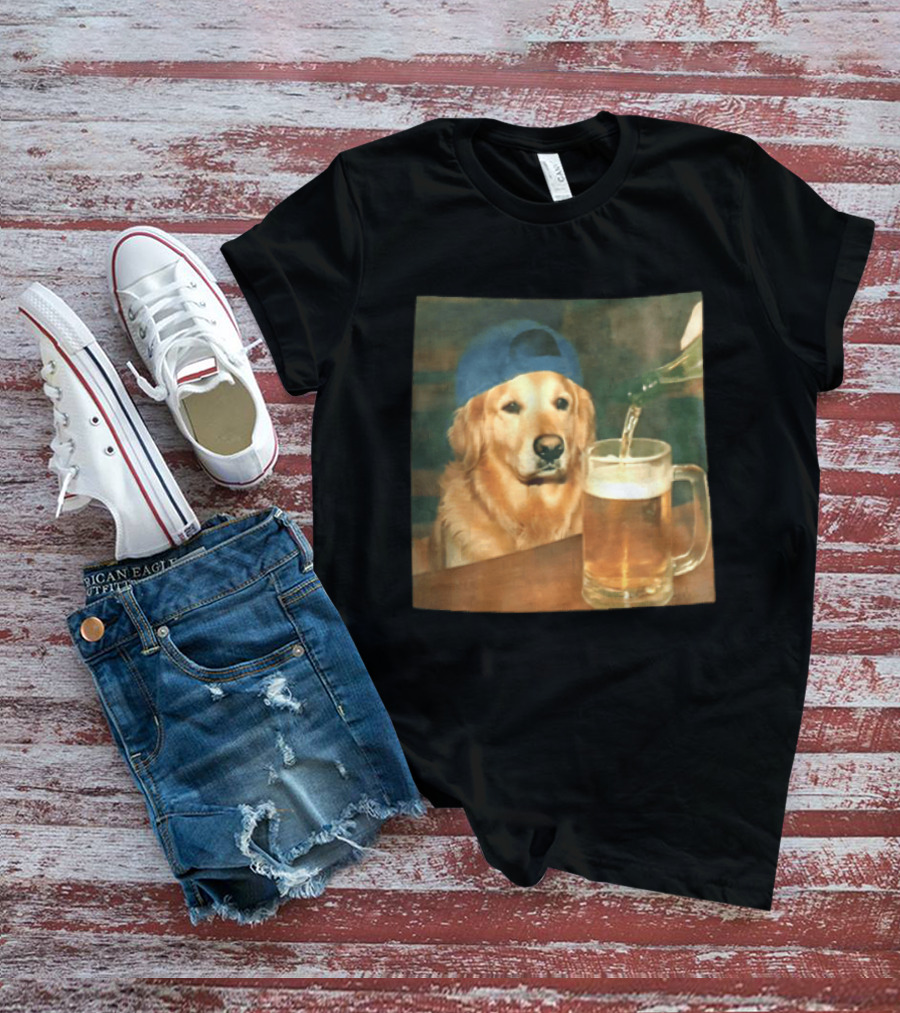Golden Retriever Backward Cap Beer Pouring Scene T-Shirt