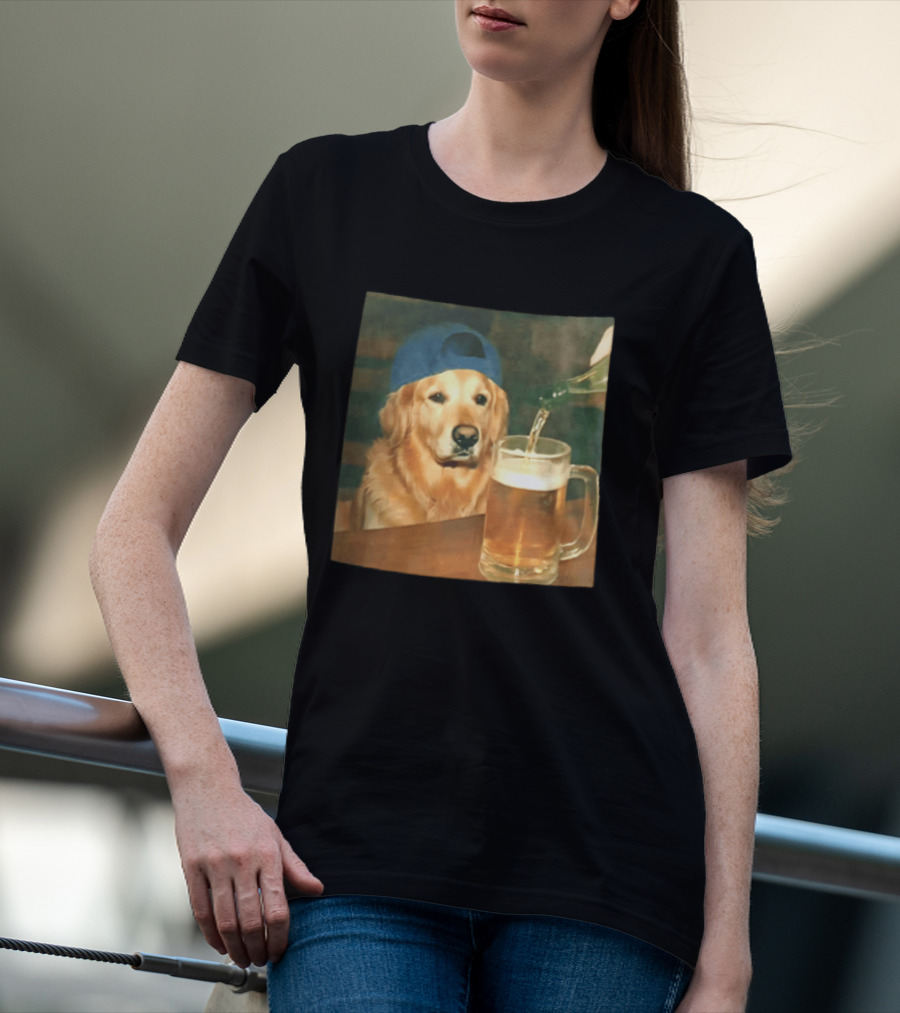 Golden Retriever Backward Cap Beer Pouring Scene T-Shirt