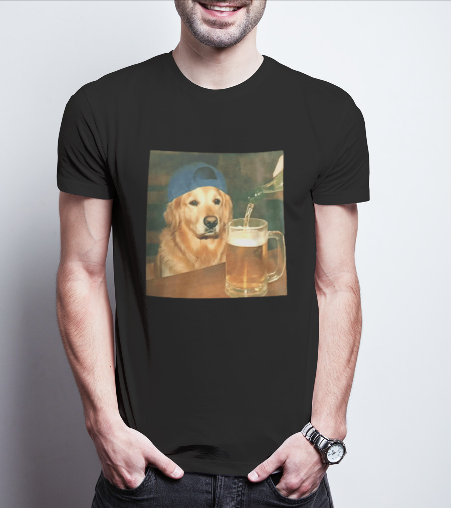 Golden Retriever Backward Cap Beer Pouring Scene T-Shirt