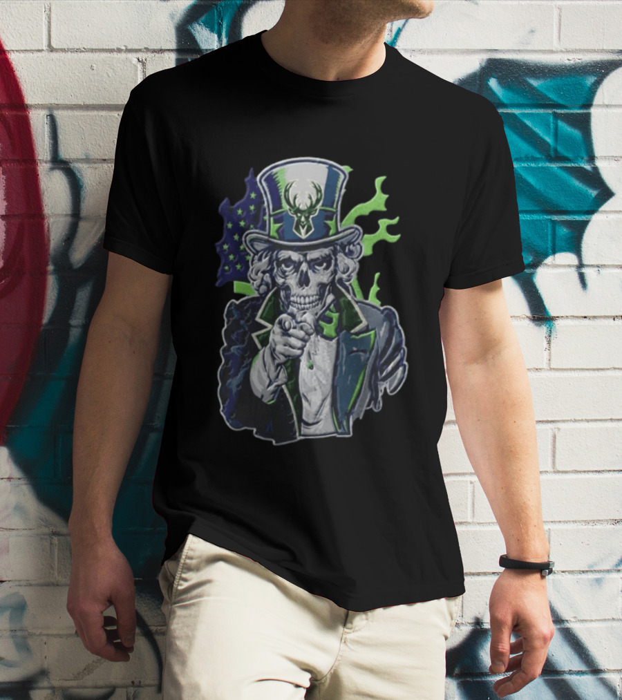 Milwaukee Bucks Uncle Sam Skeleton American Flag Pointing Basketball Fan T-Shirt