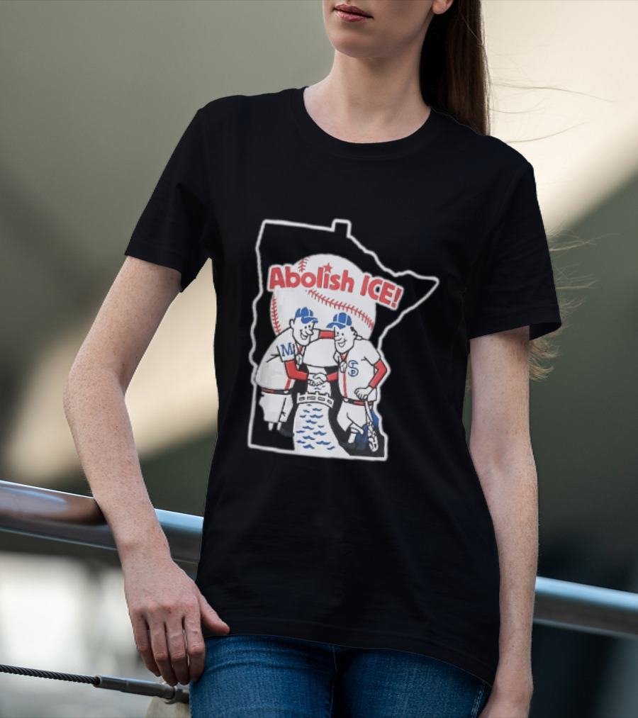 Minnesota Twins Abolish ICE Cartoon Players Shaking Hands River State T-Shirt