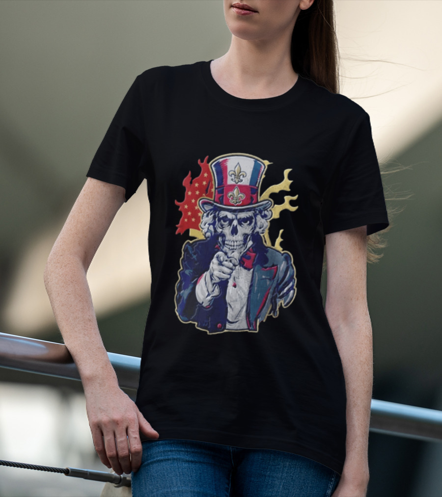New Orleans Pelicans Skeleton Uncle Sam Pointing American Flag Fleur De Lis T-Shirt
