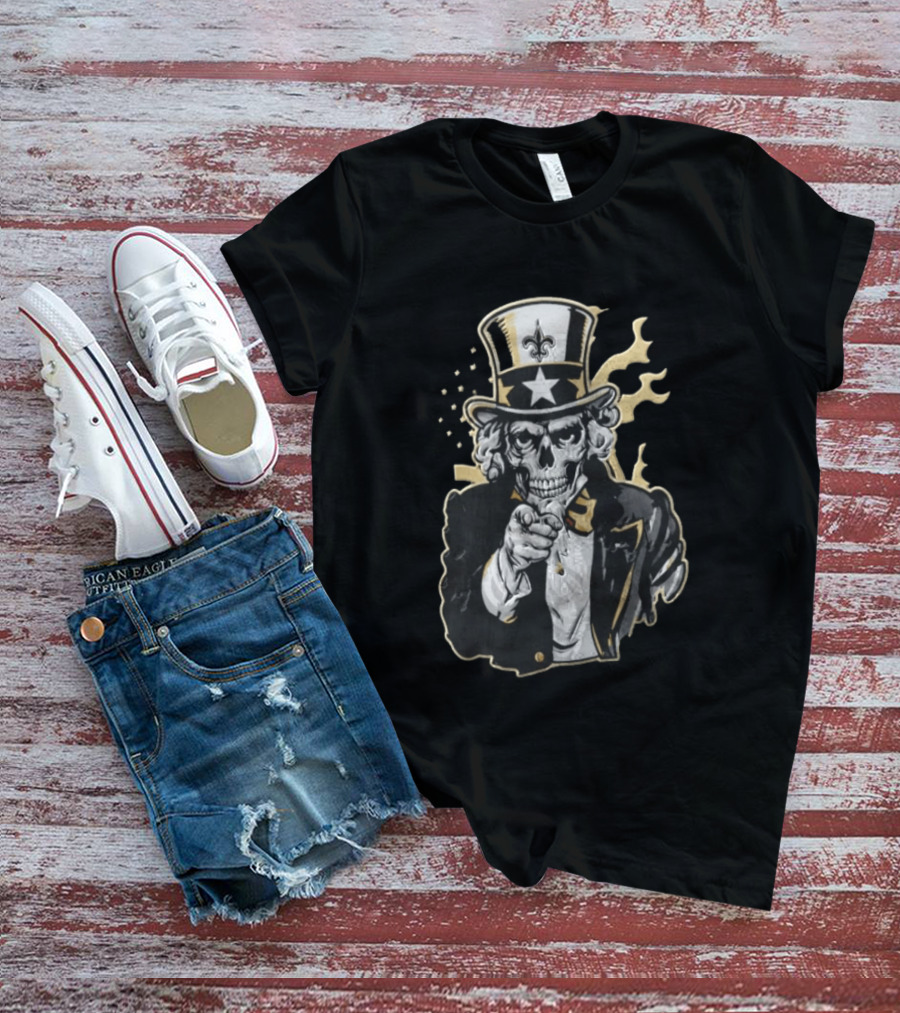 New Orleans Saints Skeleton Uncle Sam Pointing Fleur De Lis American Flag T-Shirt