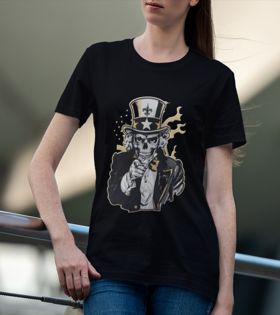 New Orleans Saints Skeleton Uncle Sam Pointing Fleur De Lis American Flag T-Shirt