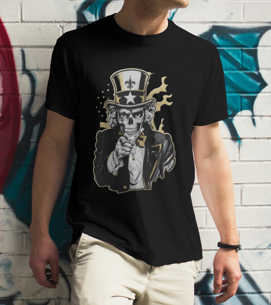 New Orleans Saints Skeleton Uncle Sam Pointing Fleur De Lis American Flag T-Shirt