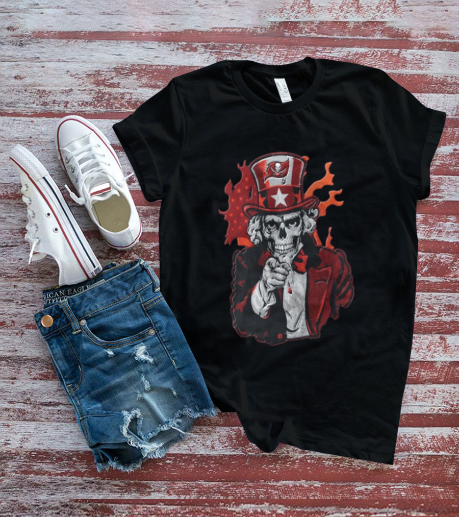 Tampa Bay Buccaneers Uncle Sam Skull American Flag Flames T-Shirt