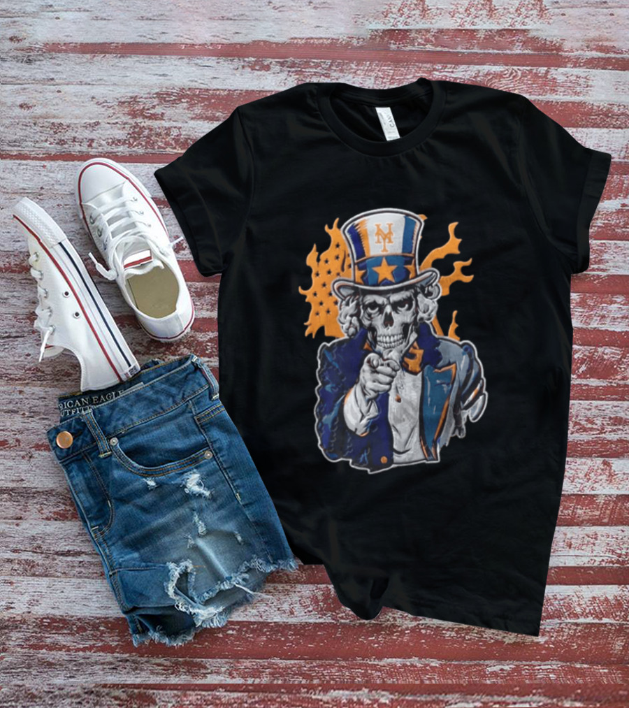 New York Mets Uncle Sam Skeleton Top Hat Stars Flames T-Shirt