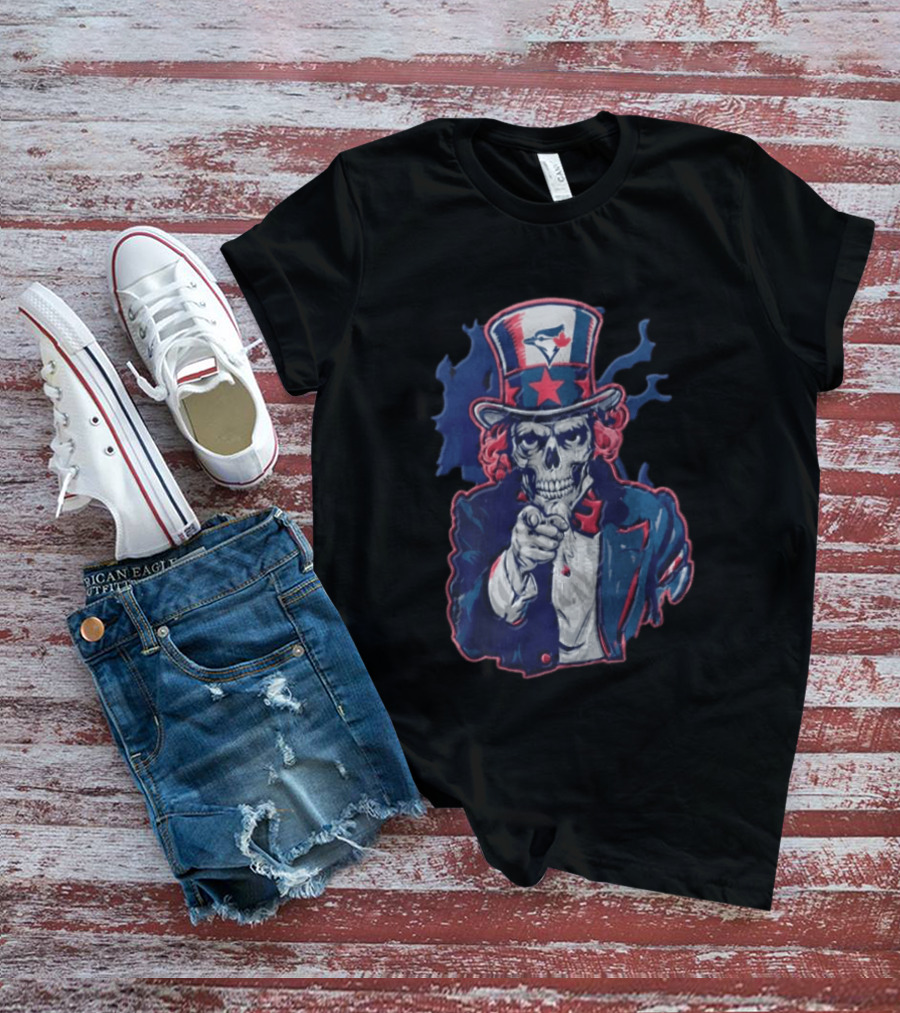 Toronto Blue Jays Skeleton Uncle Sam Pointing American Flag Bird Head Maple Leaf T-Shirt