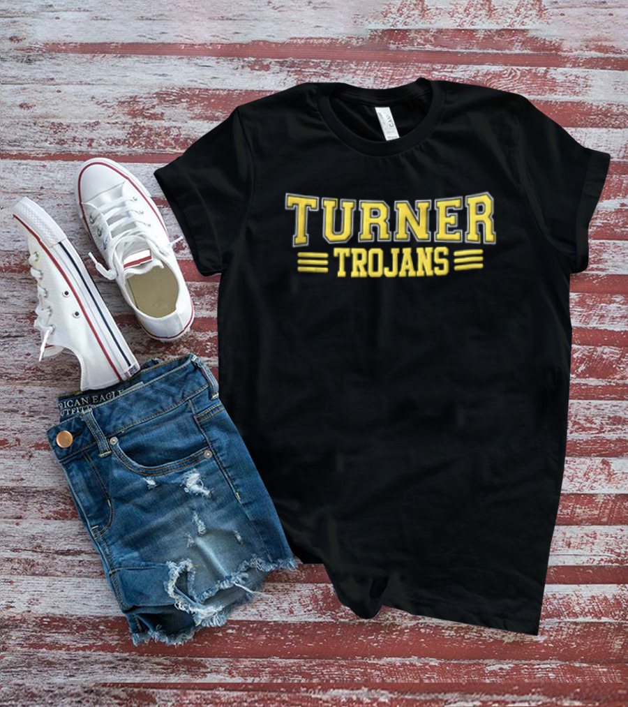 Turner Trojans Yellow Collegiate Varsity Lettering Horizontal Stripes T-Shirt