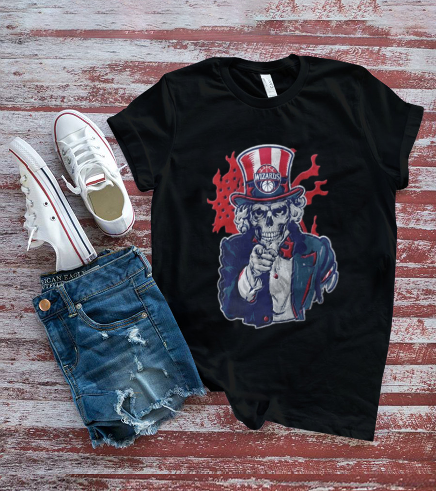 Washington Wizards Skeleton Uncle Sam Pointing Flames American Flag T-Shirt