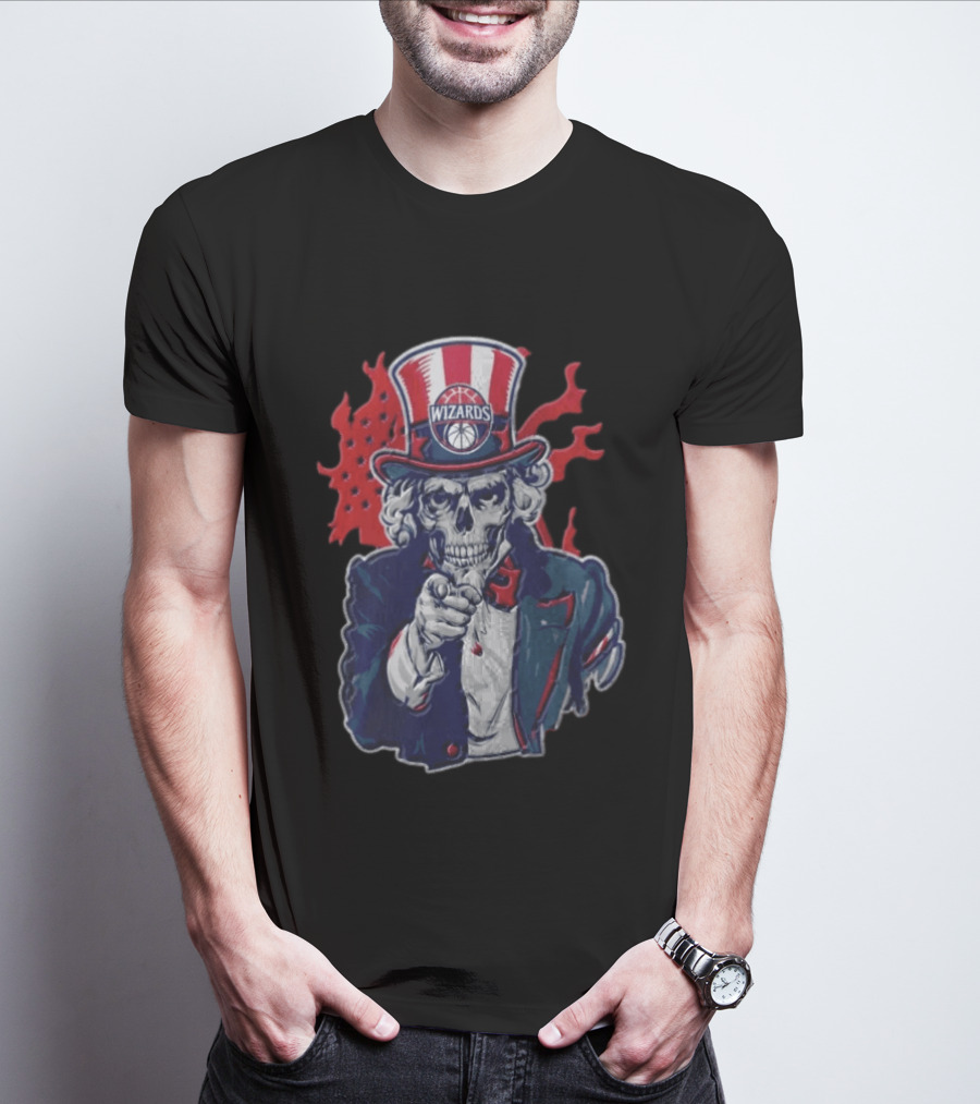 Washington Wizards Skeleton Uncle Sam Pointing Flames American Flag T-Shirt