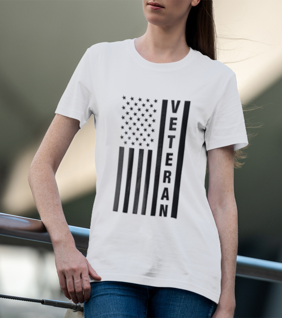 Veteran Vertical Monochrome US Flag Black Stars Stripes T-Shirt