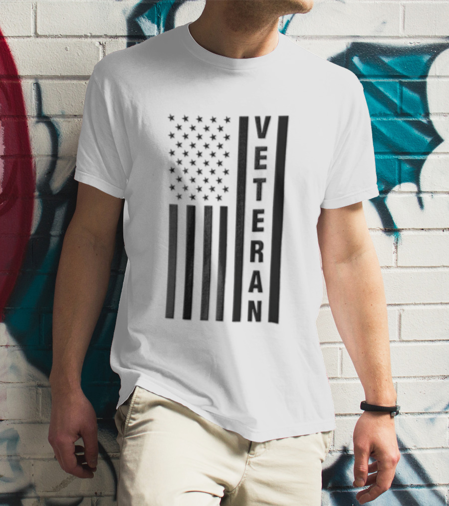 Veteran Vertical Monochrome US Flag Black Stars Stripes T-Shirt