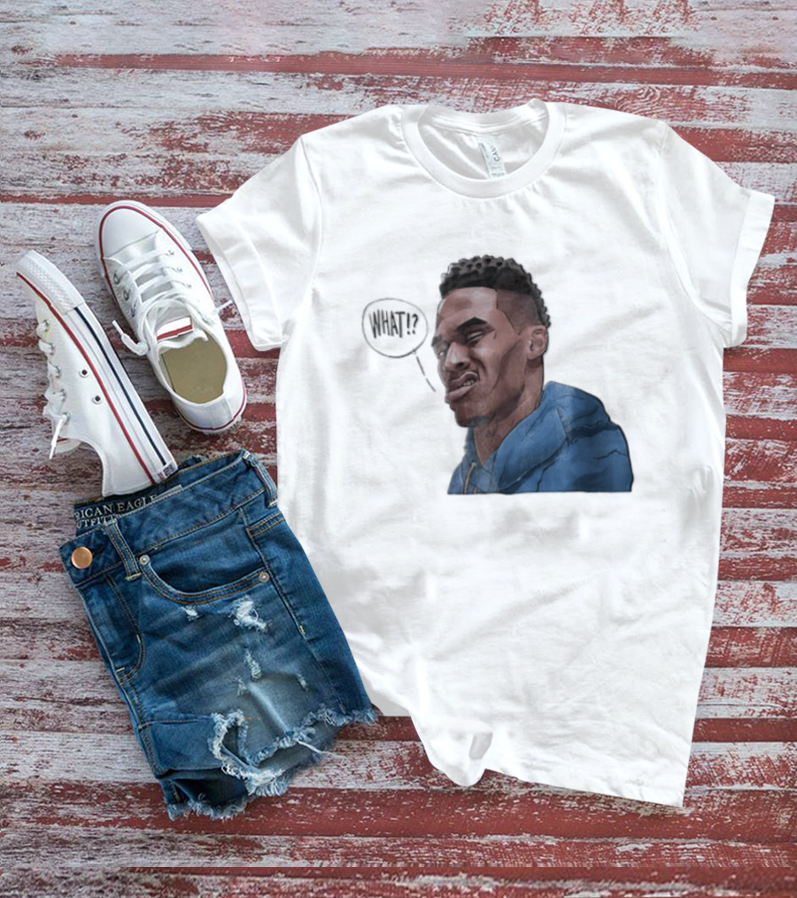 Russell Westbrook Cartoon Caricature Confused Face What Speech Bubble Blue T-Shirt