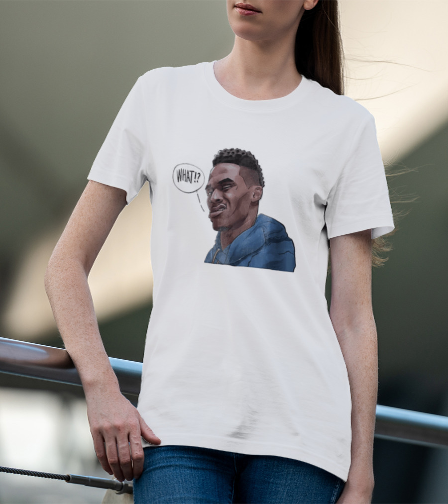 Russell Westbrook Cartoon Caricature Confused Face What Speech Bubble Blue T-Shirt