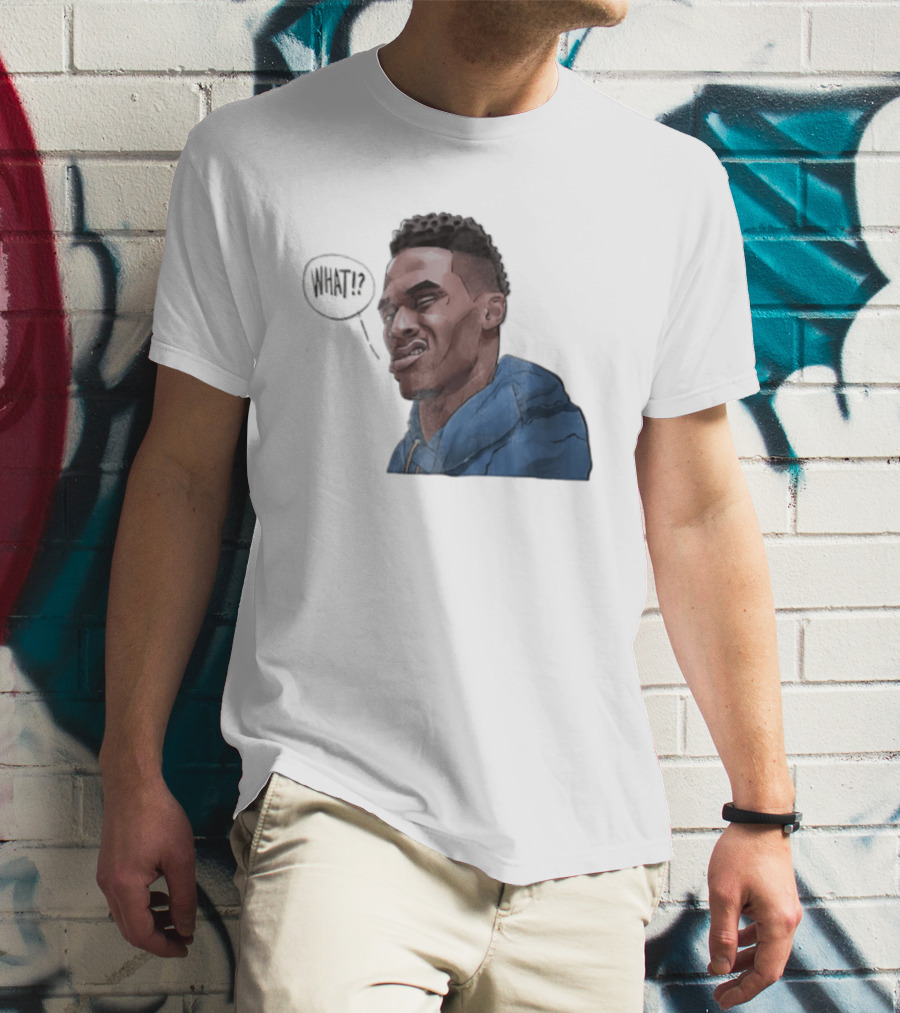 Russell Westbrook Cartoon Caricature Confused Face What Speech Bubble Blue T-Shirt
