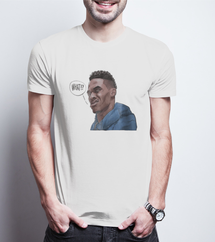 Russell Westbrook Cartoon Caricature Confused Face What Speech Bubble Blue T-Shirt