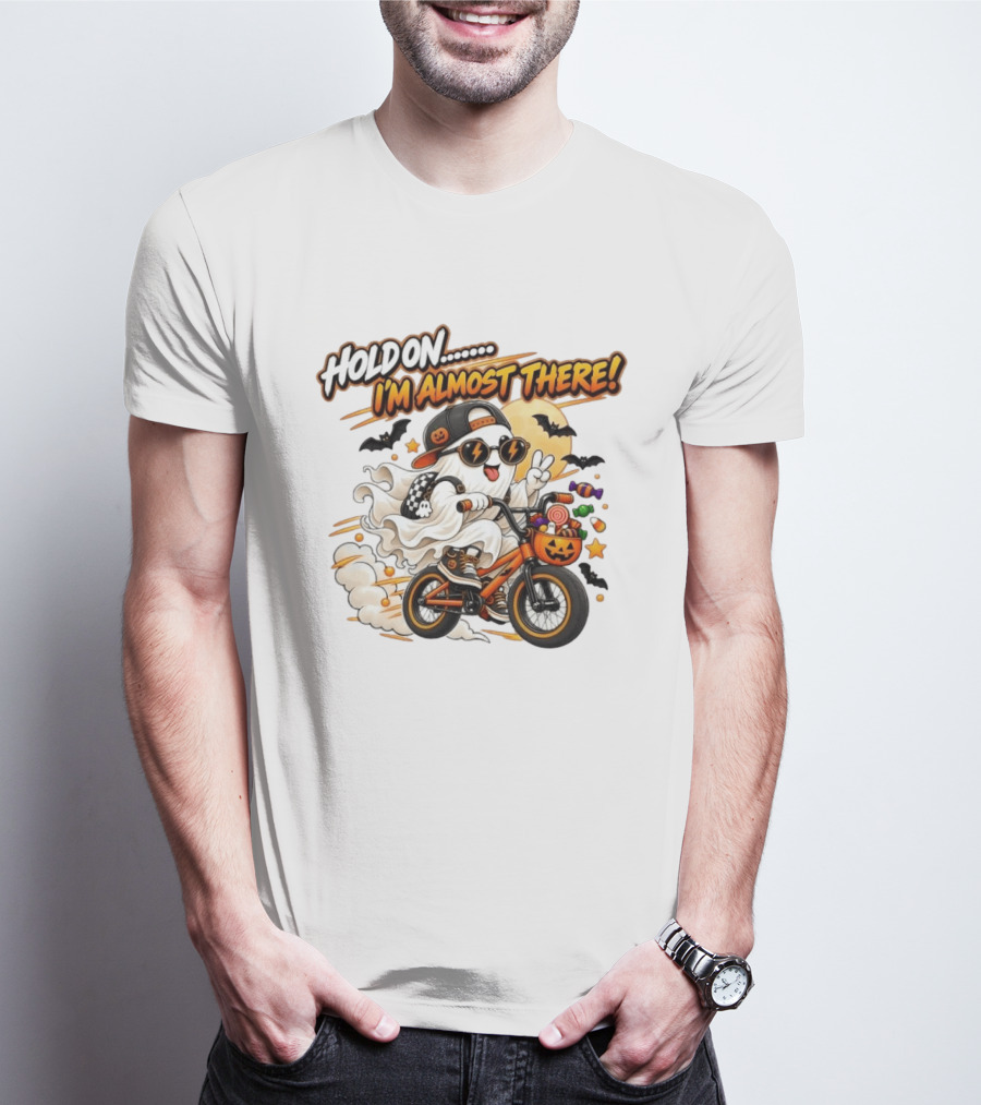 Hold On I'm Almost There Ghost Bicycle Halloween Bats Candy Pumpkin T-Shirt