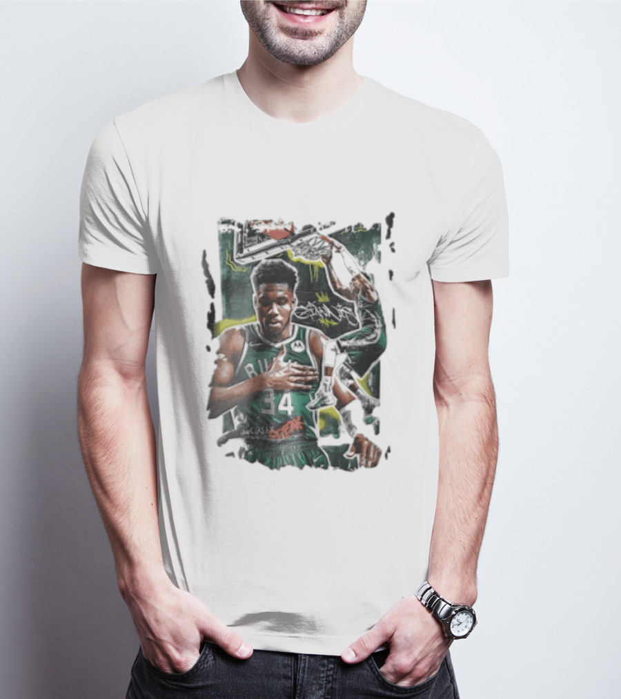 Milwaukee Bucks Giannis Dunking Greek Freak Paint Splatter Collage T-Shirt