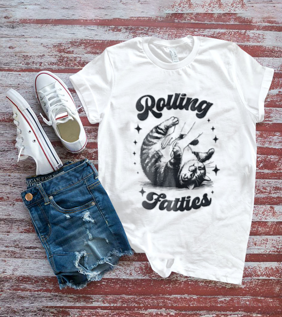 Rolling Fatties Chubby Tabby Cat Belly Rub Stars Line T-Shirt
