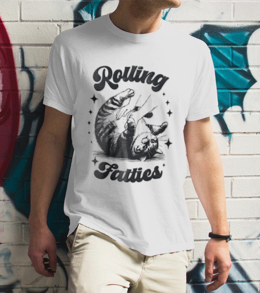 Rolling Fatties Chubby Tabby Cat Belly Rub Stars Line T-Shirt