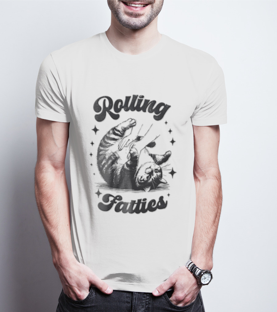 Rolling Fatties Chubby Tabby Cat Belly Rub Stars Line T-Shirt