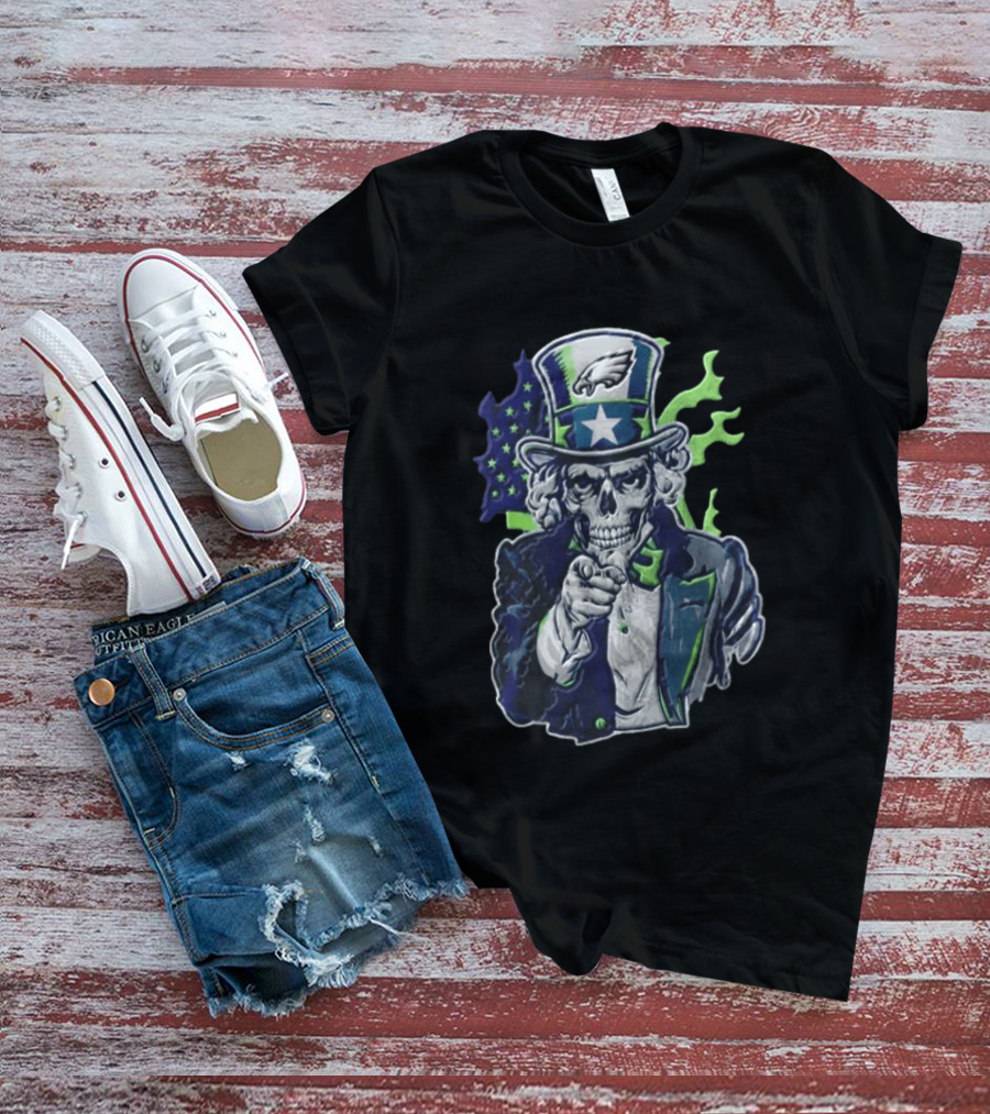 Philadelphia Eagles Uncle Sam Skull With Flag And Stars T-Shirt